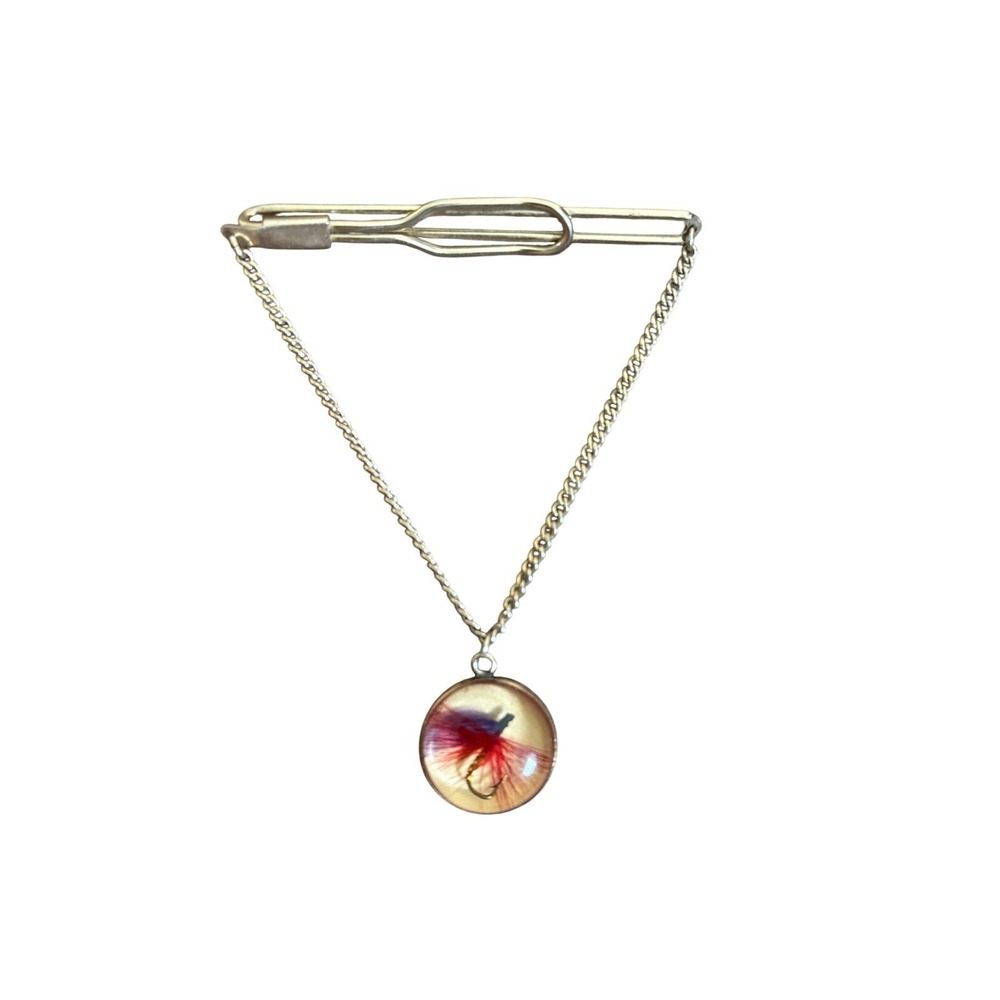 Vintage Fishing Fly Lure Tie Clip with Chain Pendant Mens Silver Tone Accessory